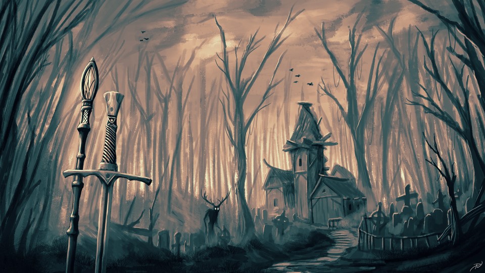 house and cemetery in forest of dead trees, sword and scepter in foreground, dark hairy figure with antlers and glowing eyes