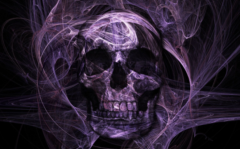 Purple skull with wisps of strings floating off it